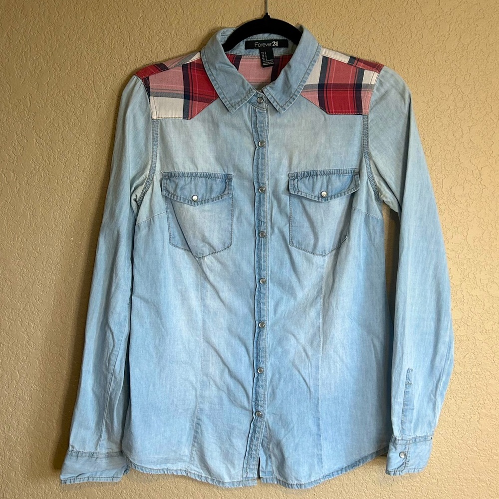 Jean Button Down and Plaid Long Sleeve Top, Size Small